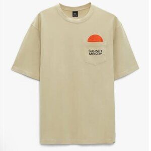 ZARA Mens Sunset Melody Pocket Tee T-Shirt Beige/Orange Double Sided Size M